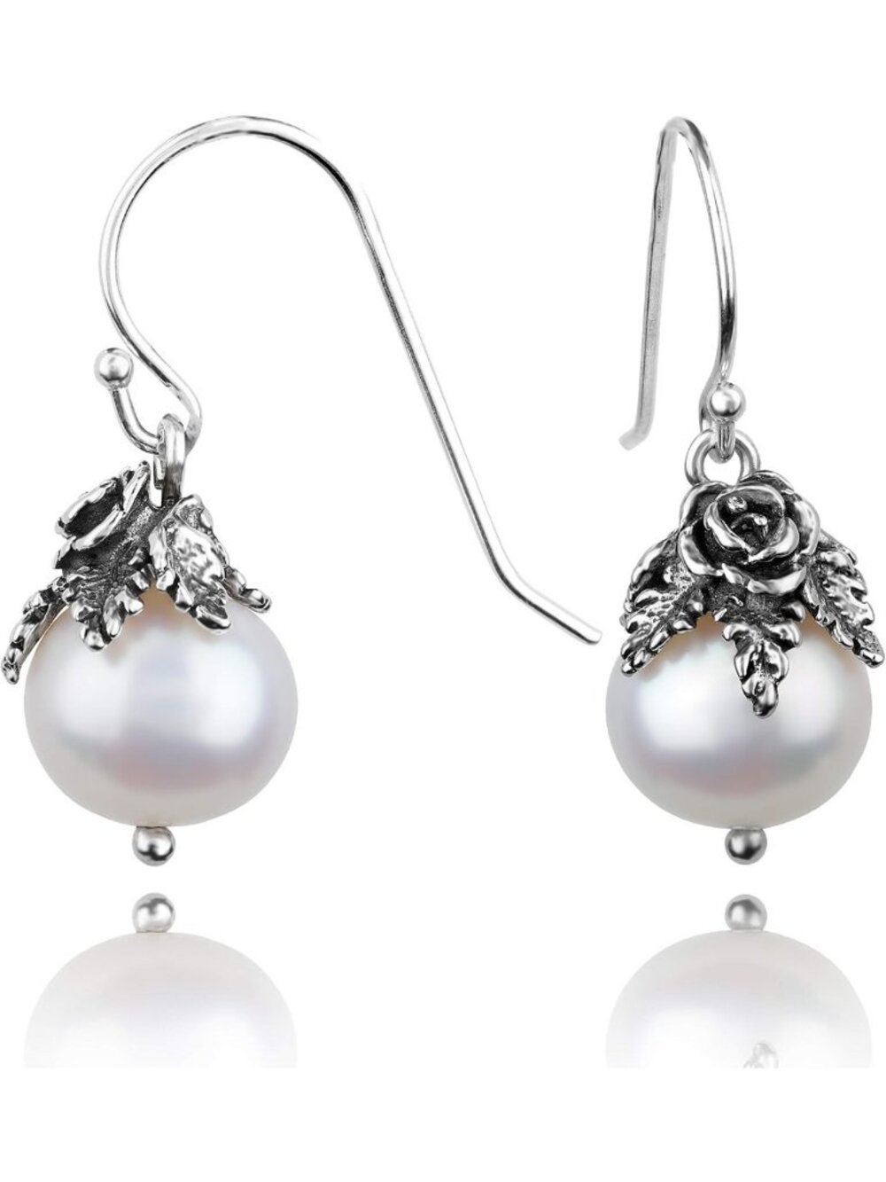 Elegant Sterling Silver Dangle Pearl Earrings with Floral Caps - Freshwater Drop